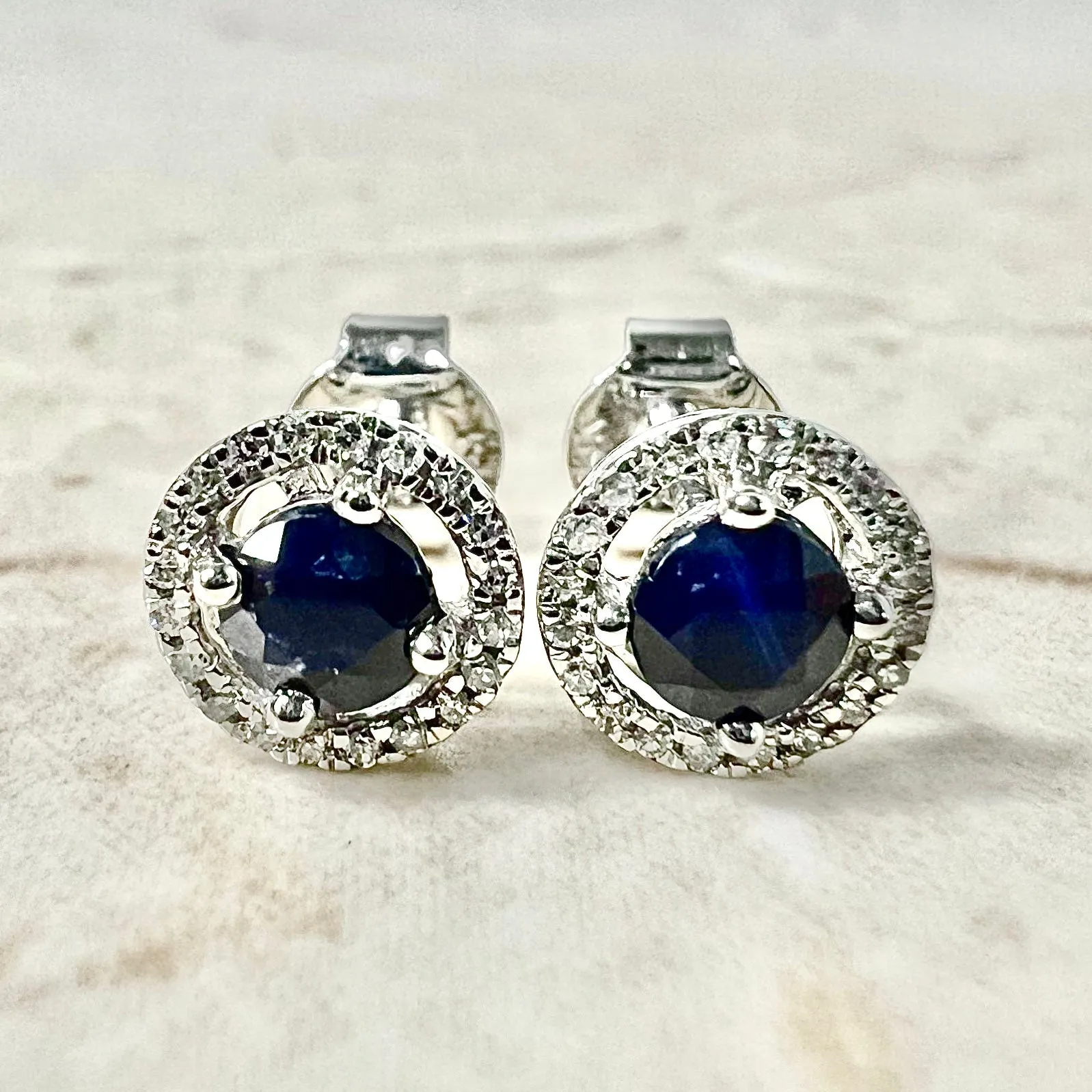 14 Karat Yellow Gold September Birthstone Round Blue Sapphire & Diamond Halo Stud Earrings