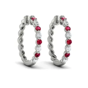 14 KT White Gold Diamond and Ruby  Twist Hoop Earrings