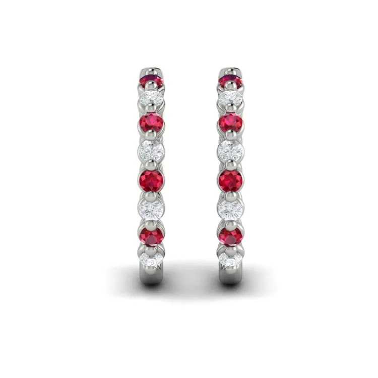 14 KT White Gold Diamond and Ruby  Twist Hoop Earrings