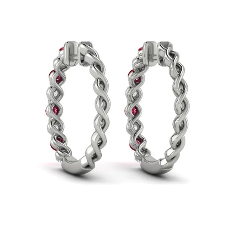 14 KT White Gold Diamond and Ruby  Twist Hoop Earrings