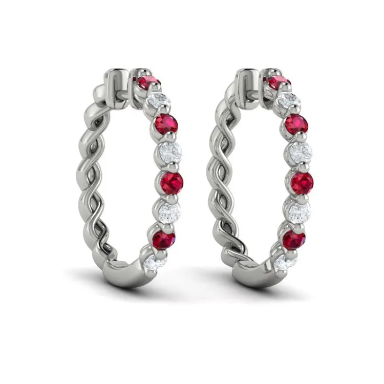 14 KT White Gold Diamond and Ruby  Twist Hoop Earrings