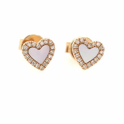 14K Diamond Halo Mother of Pearl Heart Earrings Yellow Gold