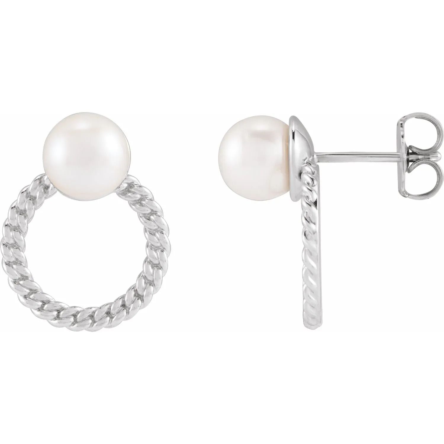 14K Gold Cultured White Akoya Pearl & Curb Chain Earrings