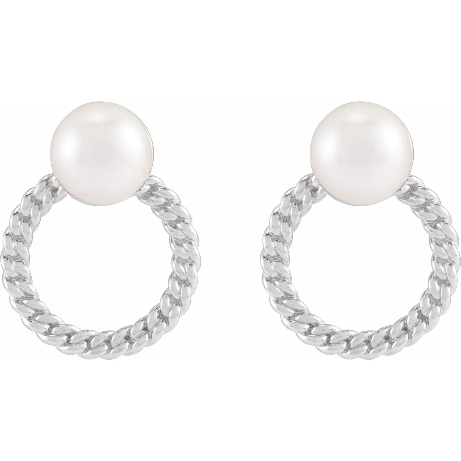 14K Gold Cultured White Akoya Pearl & Curb Chain Earrings