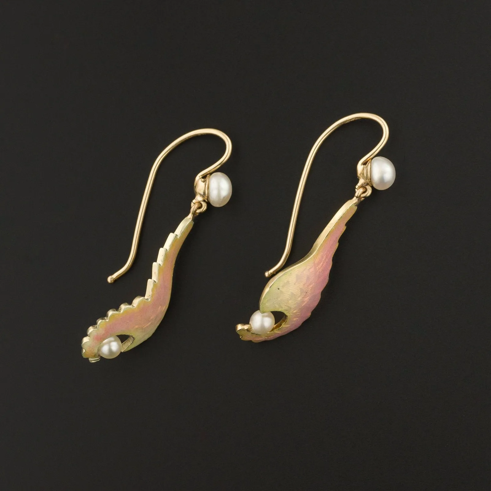 14k Gold Enamel Wing Earrings | Antique Pin Conversion Earrings