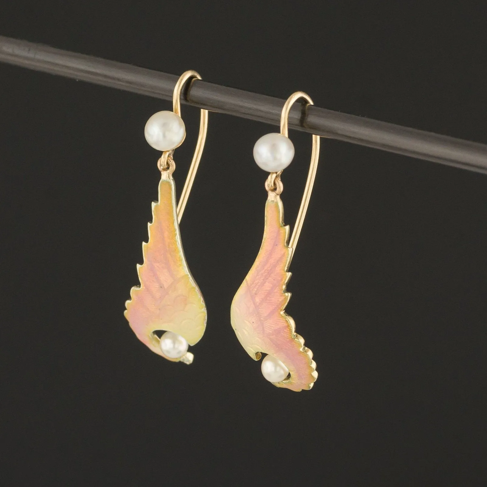 14k Gold Enamel Wing Earrings | Antique Pin Conversion Earrings