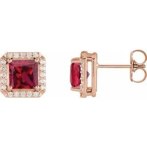 14K Rose 5x5 mm Lab-Grown Ruby 1/6 CTW Natural Diamond Halo-Style Earrings
