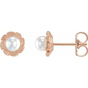 14K Rose Cultured White Akoya Pearl Leaf Earrings
