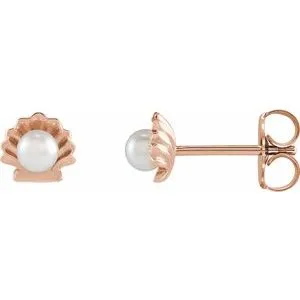 14K Rose Cultured White Seed Pearl Shell Earrings