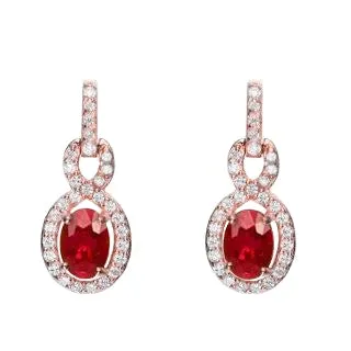 14K Rose Gold 6.70 Carats Ruby And Natural Earth Mined Diamonds Dangle Earrings