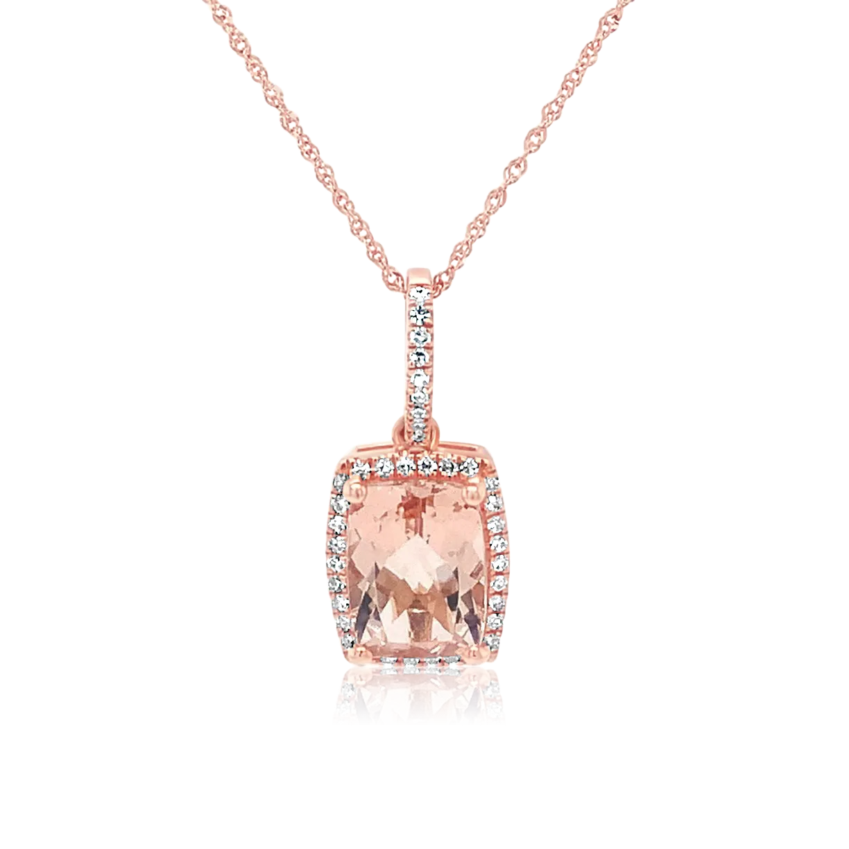 14K Rose Gold Cushion Cut Morganite And Diamond Halo Necklace (3.53ct)