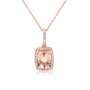 14K Rose Gold Cushion Cut Morganite And Diamond Halo Necklace (3.53ct)