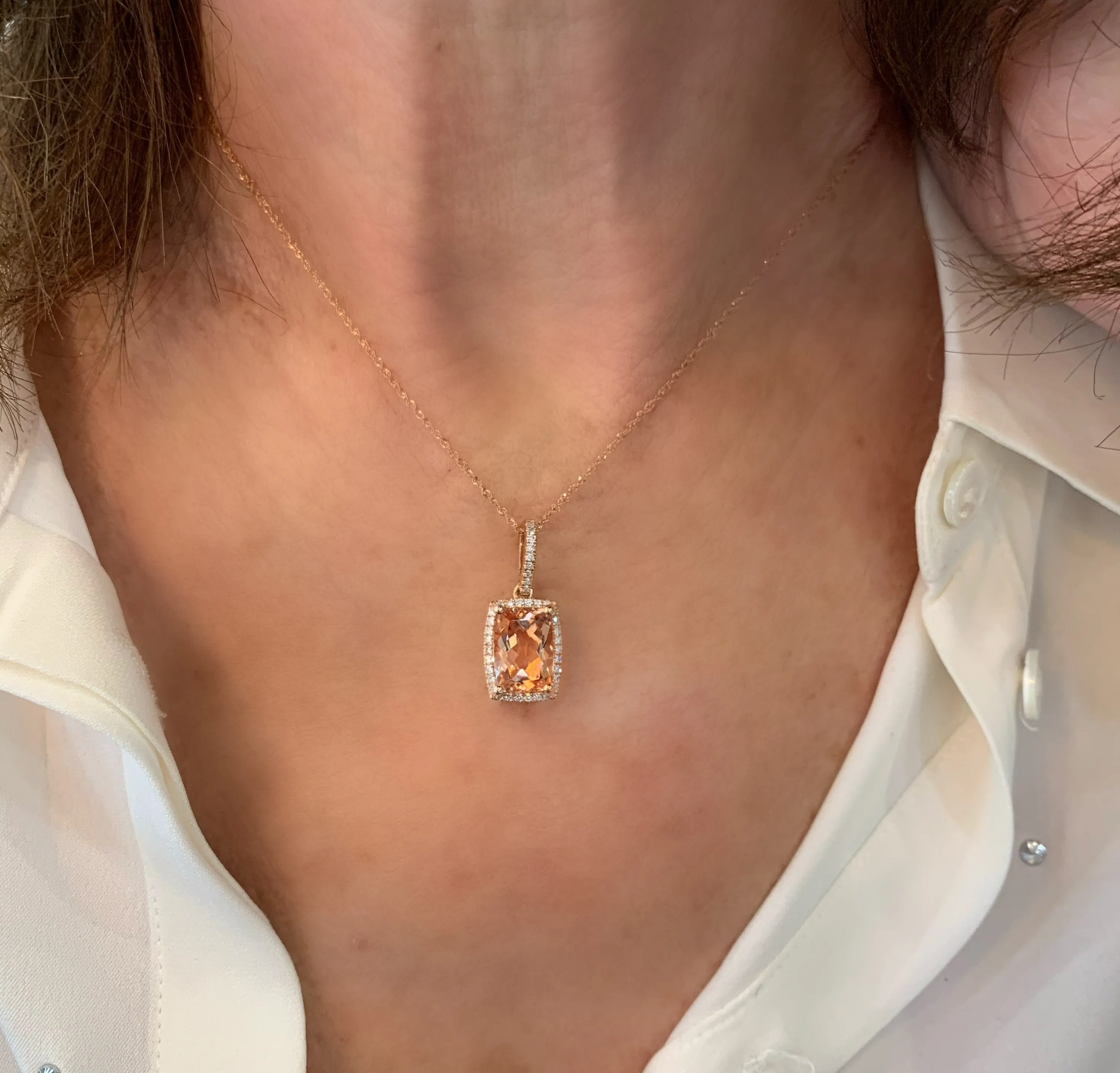 14K Rose Gold Cushion Cut Morganite And Diamond Halo Necklace (3.53ct)