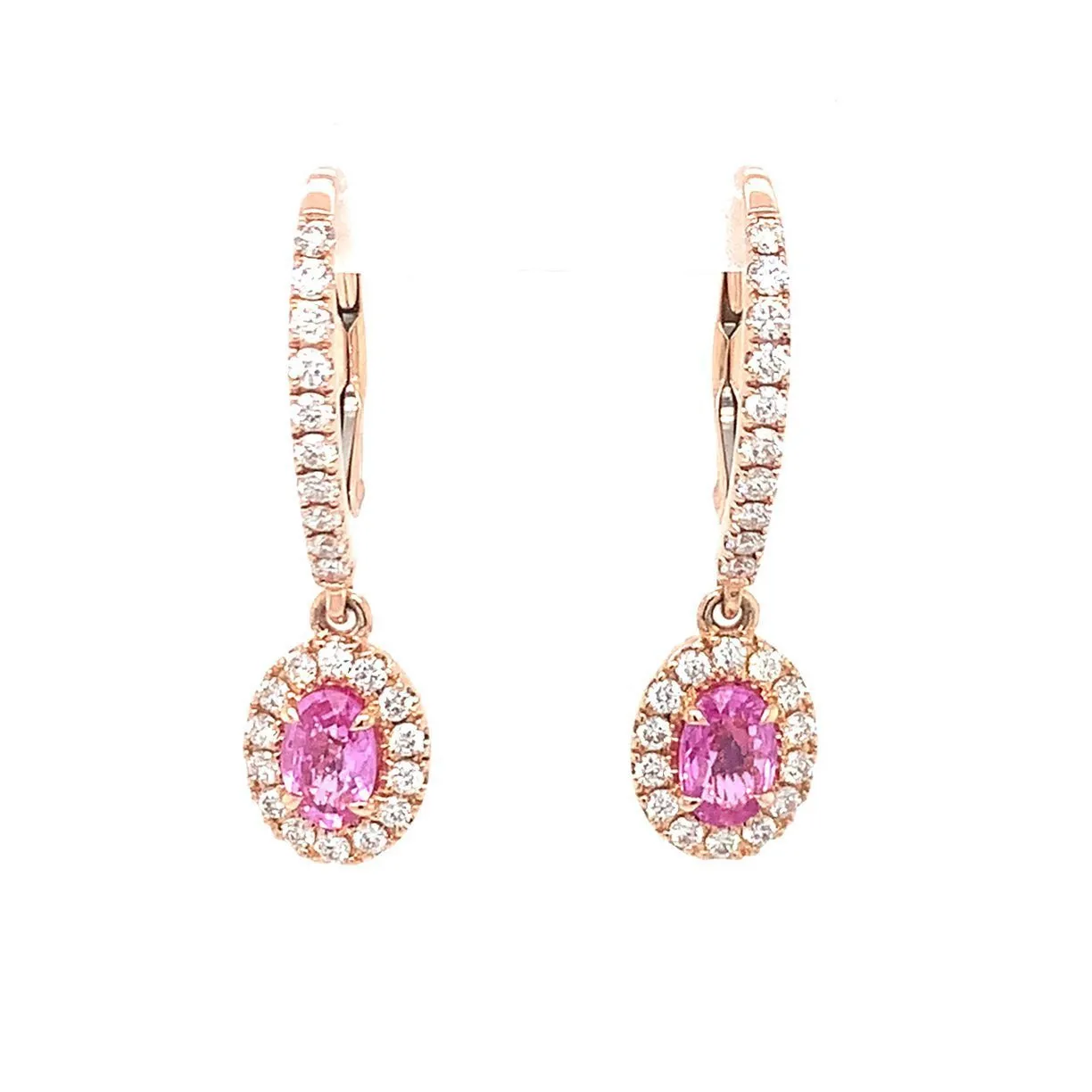 14K Rose Gold Oval Pink Sapphire And Diamond Halo Drop Earrings (1.85ctw)