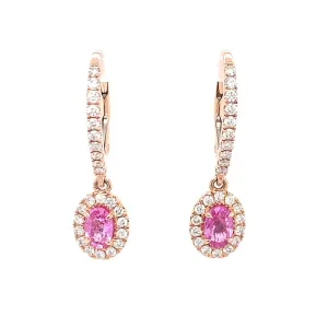14K Rose Gold Oval Pink Sapphire And Diamond Halo Drop Earrings (1.85ctw)