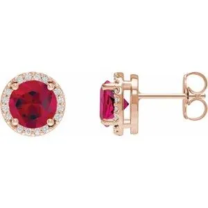 14K Rose Lab-Grown Ruby & .05 CTW Natural Diamond Halo-Style Earrings