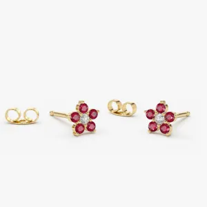 14K Ruby and Diamond Flower Studs