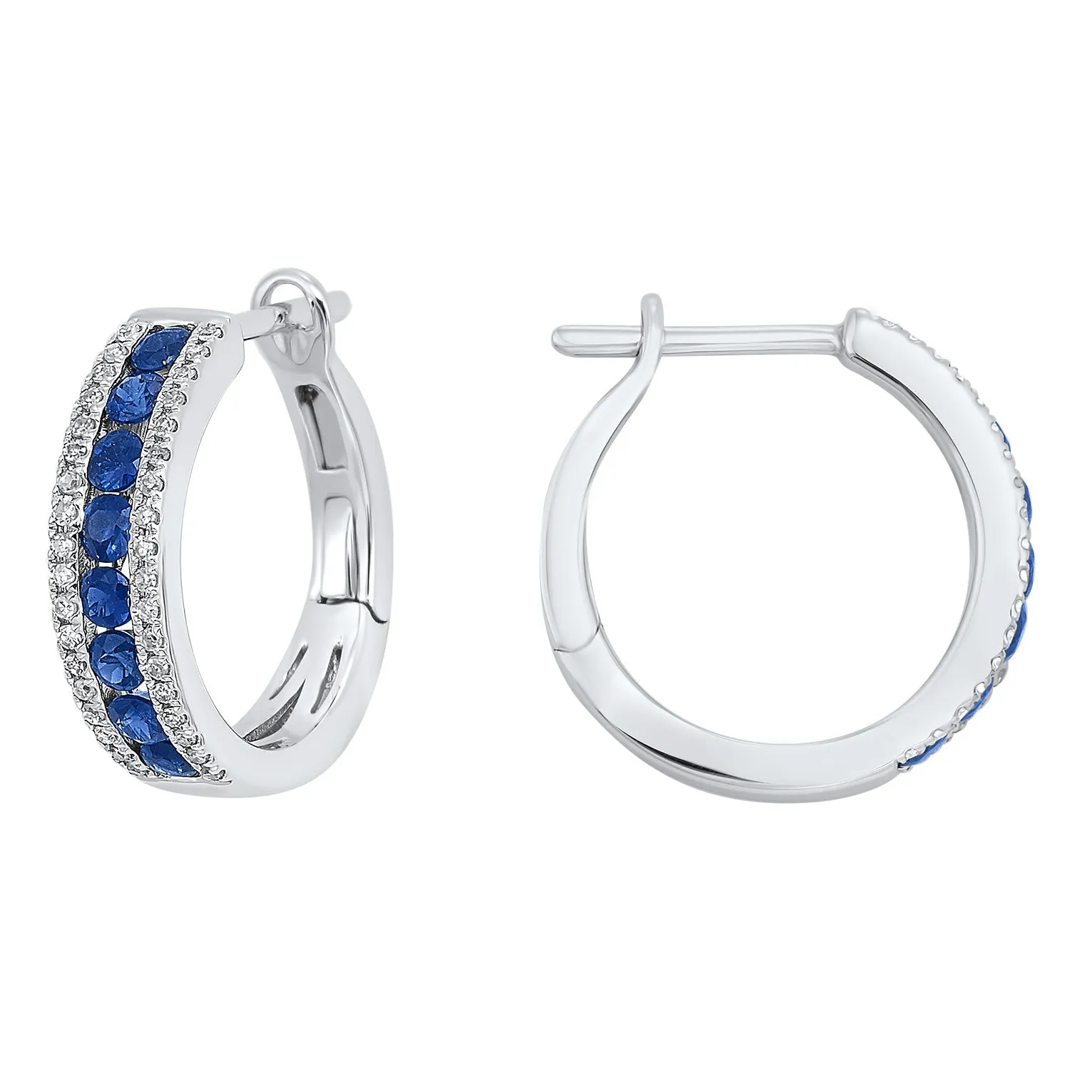 14k Sapphire and Diamond 3 Row Fashion Hoop Earrings