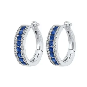 14k Sapphire and Diamond 3 Row Fashion Hoop Earrings