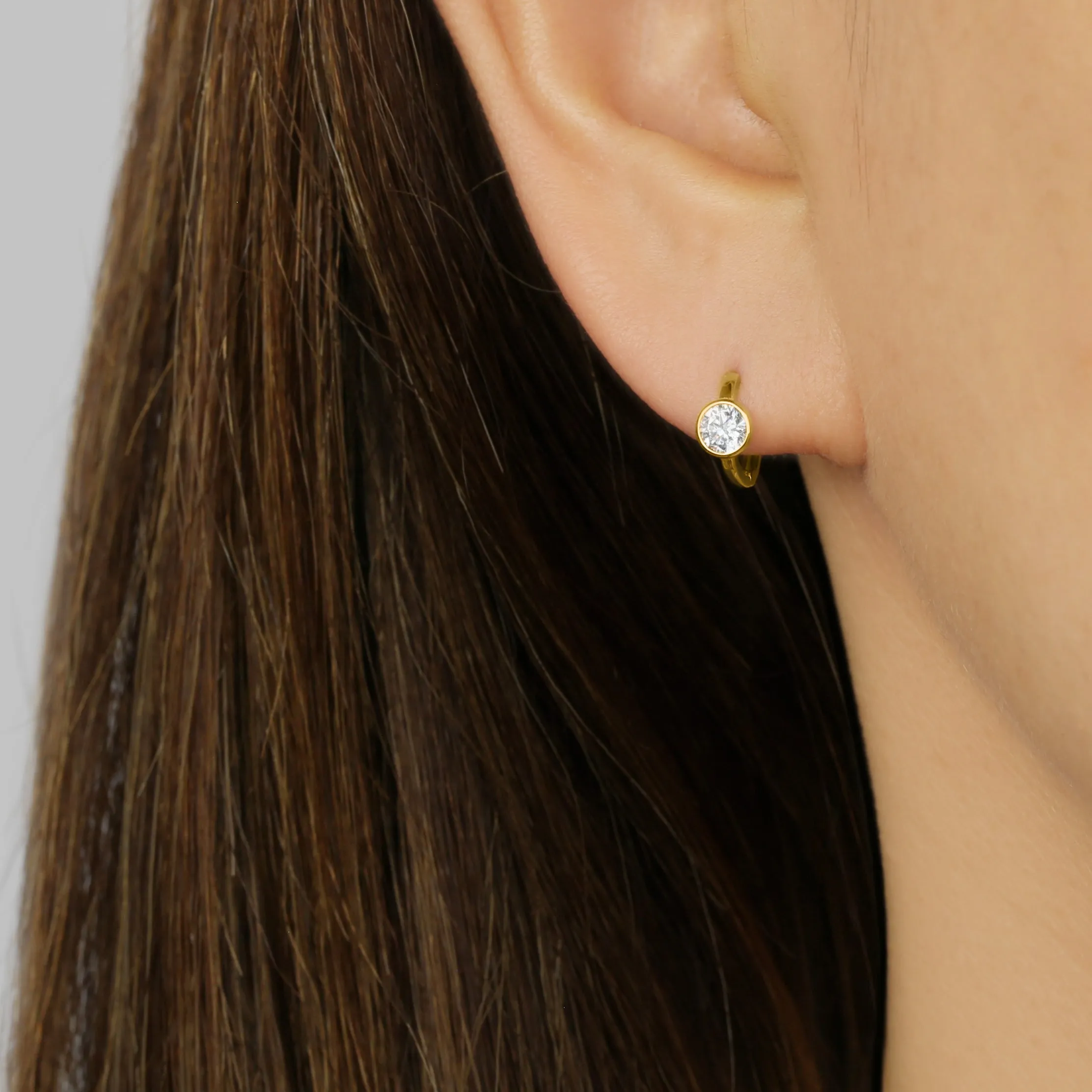 14k Solid Gold Single CZ Hoop Earring
