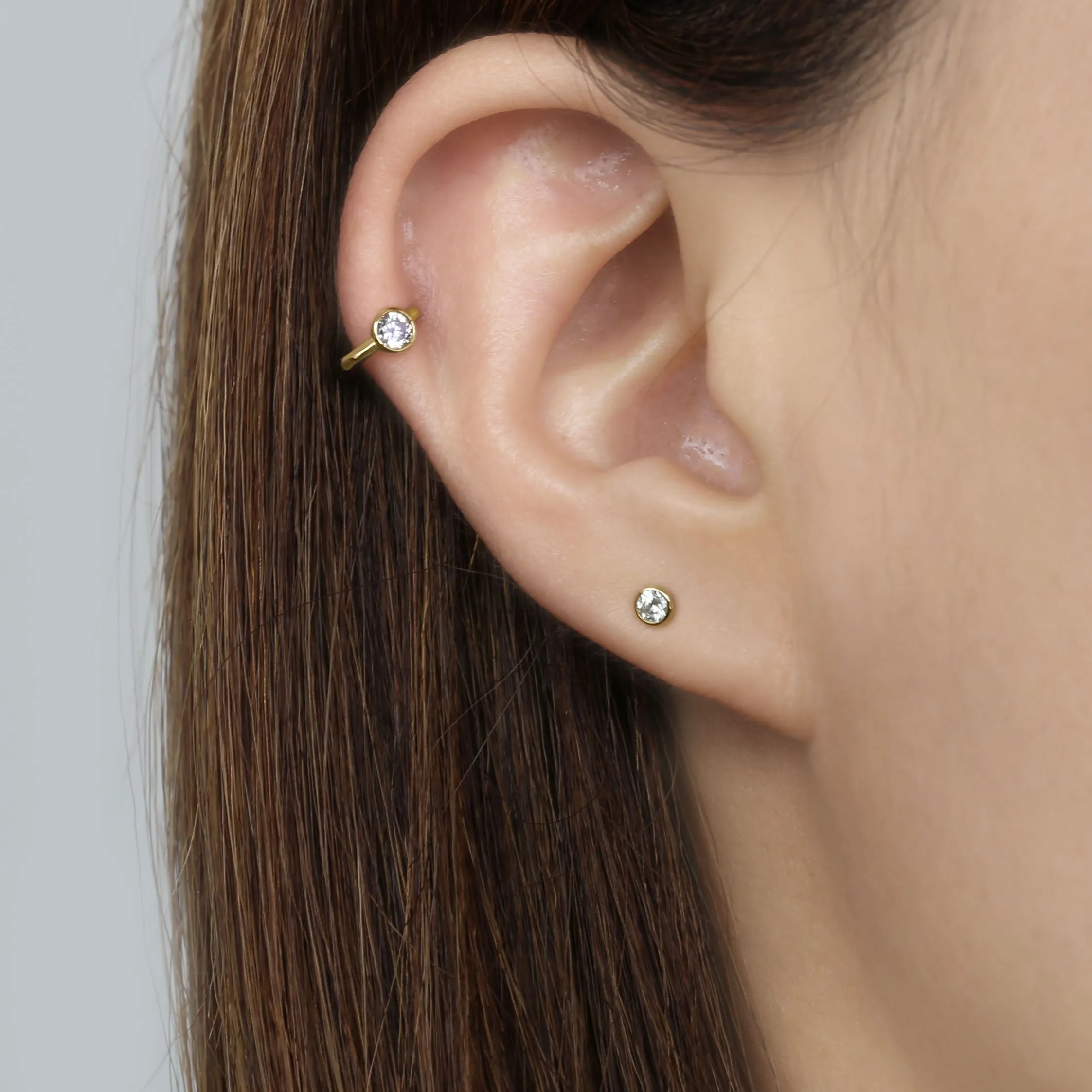 14k Solid Gold Single CZ Hoop Earring