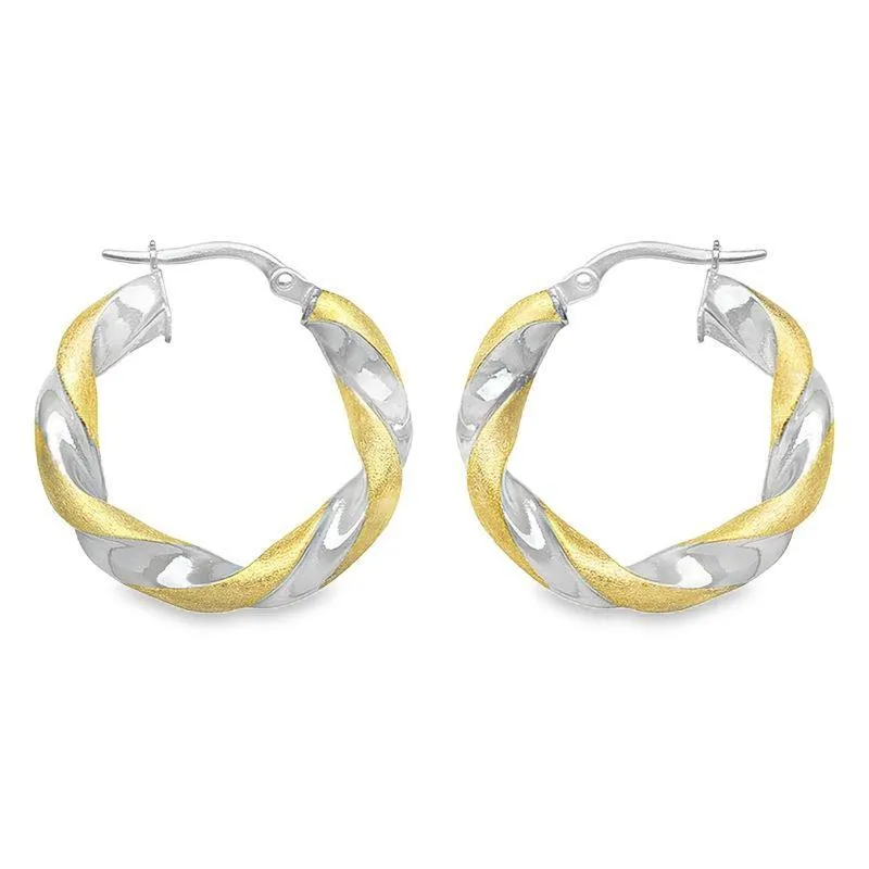14K Two-Tone Gold Satin Finished Twisted Hoop Earrings