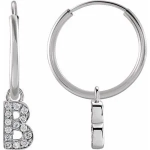 14K White .05 CTW Natural Diamond Single Initial B Hoop Earring