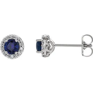 14K White Chatham® Lab-Created Blue Sapphire & 1/4 Diamond Earrings