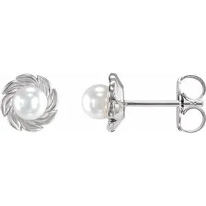 14K White Cultured White Akoya Pearl Leaf Earrings