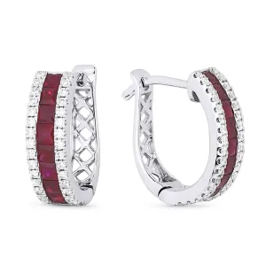 14k White Gold 0.73Ct Ruby, 0.25Ct Diamond Huggie Earrings