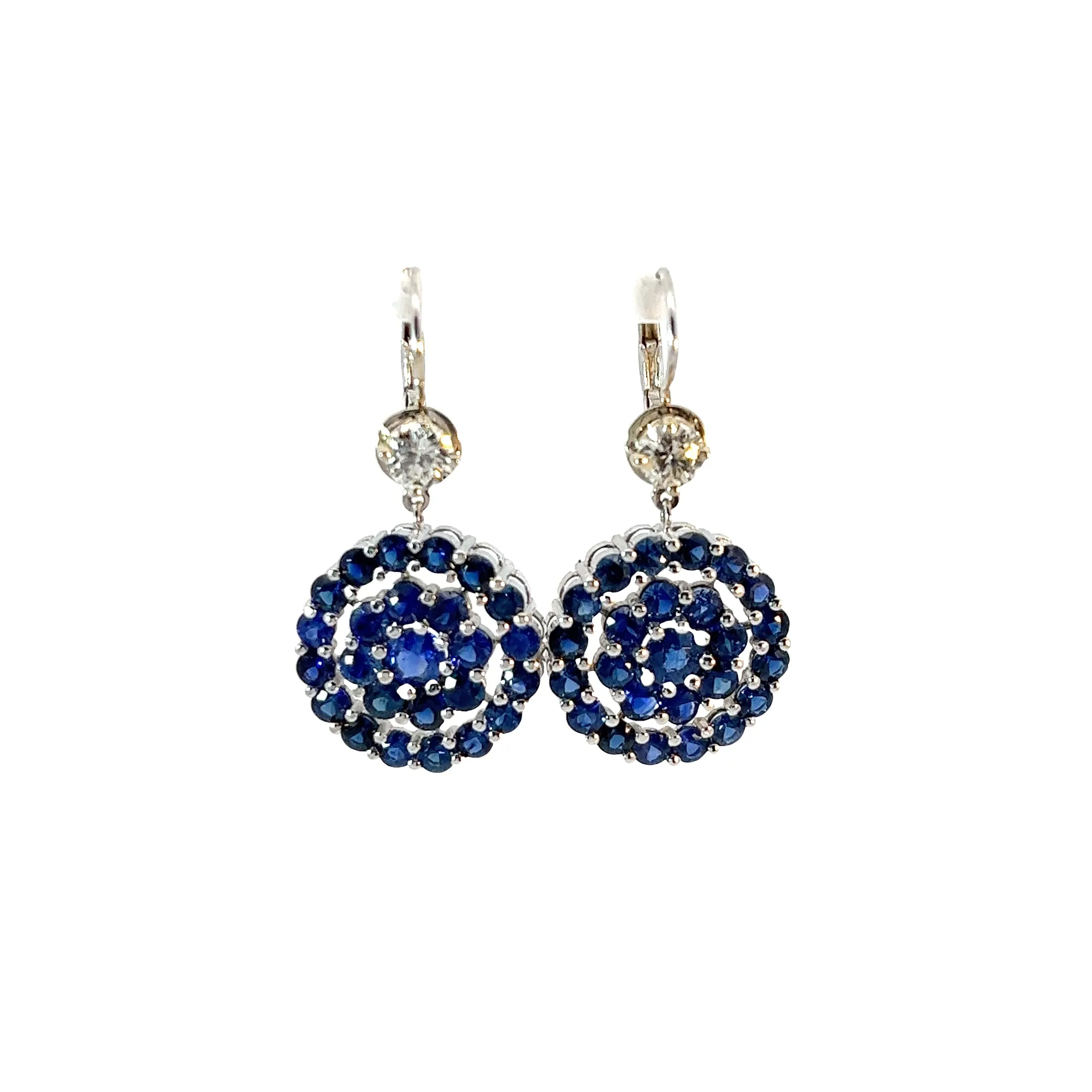 14K WHITE GOLD  4CT BLUE SAPPHIRE AND .78CT I VS2 ROUND DIAMOND EARRINGS