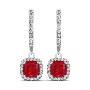 14K White Gold 6.60 Ct Ruby And Natural Earth Mined Diamonds Dangle Earrings