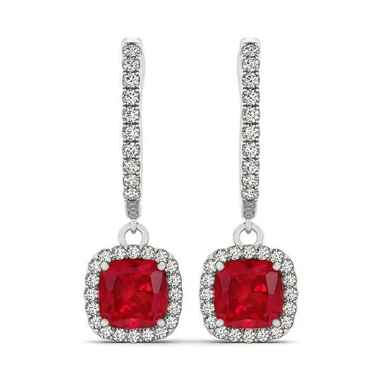 14K White Gold 6.60 Ct Ruby And Natural Earth Mined Diamonds Dangle Earrings