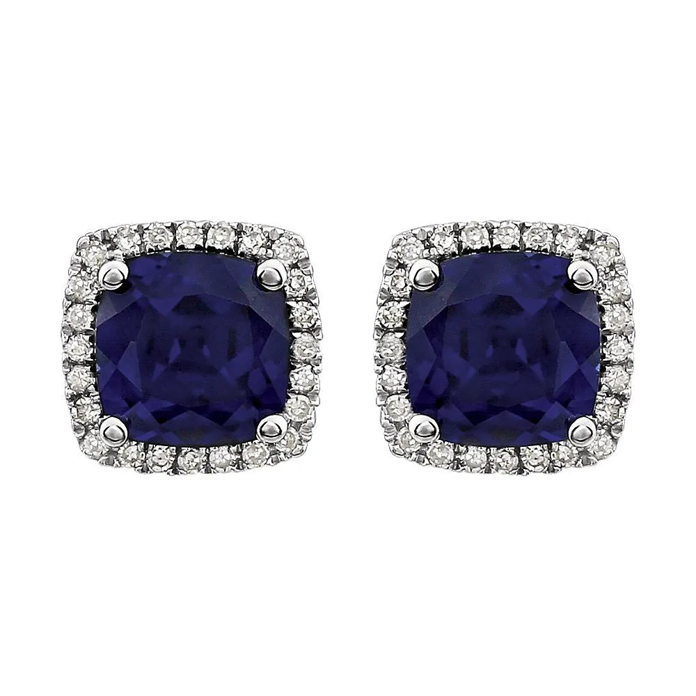 14k White Gold Created Blue Sapphire & 1/8 CTW Diamond Earrings