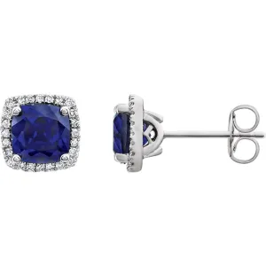 14k White Gold Created Blue Sapphire & 1/8 CTW Diamond Earrings