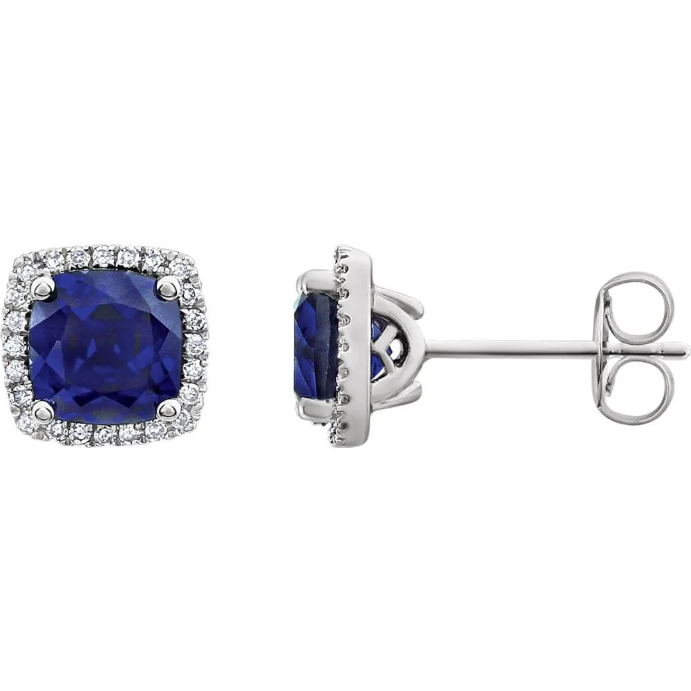 14k White Gold Created Blue Sapphire & 1/8 CTW Diamond Earrings