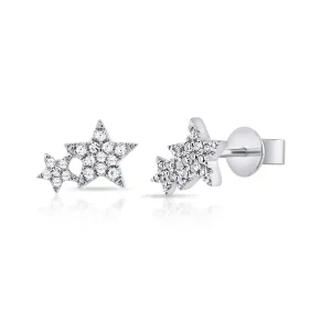 14K White Gold Diamond Double Star Earrings