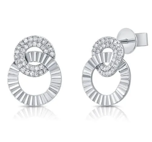 14k White Gold Diamond Fluted Circle Link Earrings