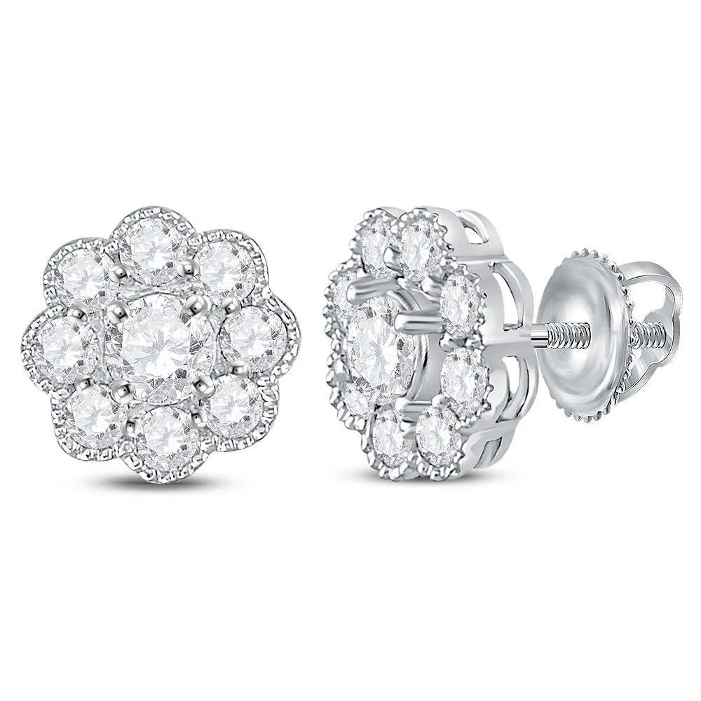 14K White Gold Round Diamond Flower Cluster Stud Earrings 1.00 Cttw