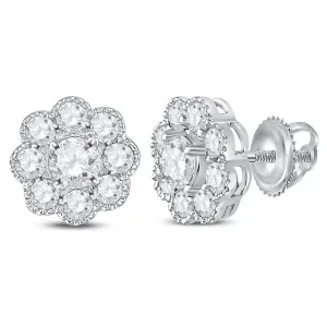 14K White Gold Round Diamond Flower Cluster Stud Earrings 1.00 Cttw