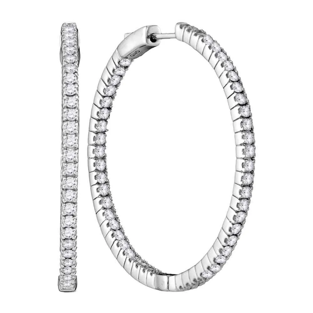 14K White Gold Round Diamond Hoop Inside Outside Earrings 2-7/8 Cttw