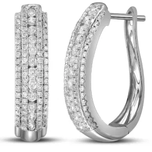 14K White Gold Round Diamond Oblong Hoop Earrings 1-1/5 Cttw