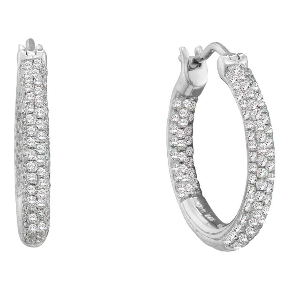 14K White Gold Round Pave-set Diamond Inside Outside Hoop Earrings 1.00 Cttw