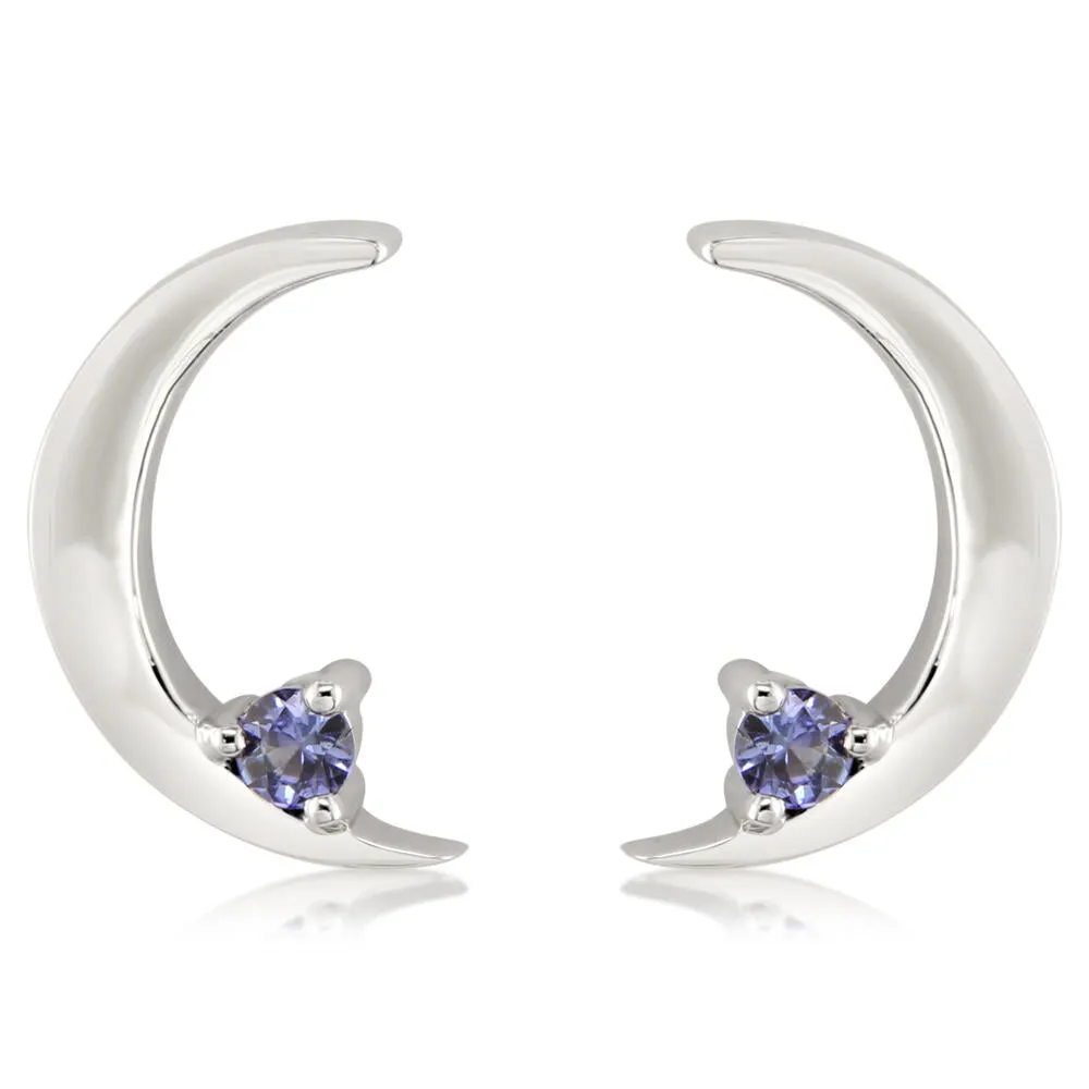 14K White Gold Sapphire Moon Earrings