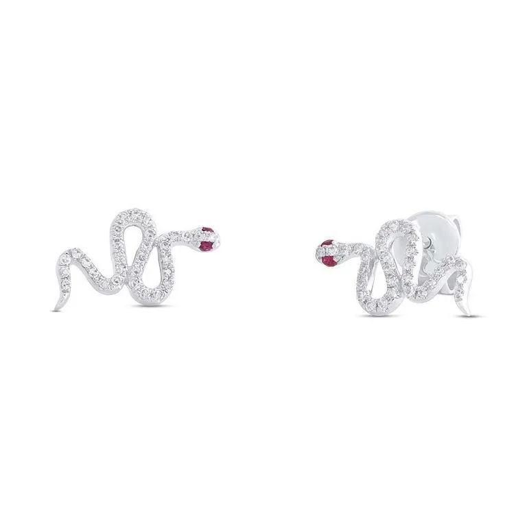 14K White Gold Snake Diamond   Ruby Stud Earring