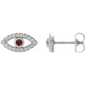 14K White Natural Mozambique Garnet & Natural White Sapphire Evil Eye Earrings