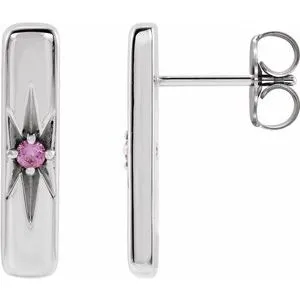 14K White Natural Pink Sapphire Starburst Bar Earrings