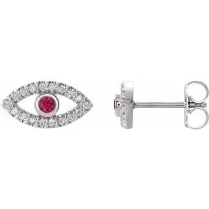 14K White Natural Ruby & Natural White Sapphire Evil Eye Earrings