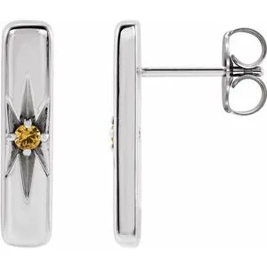 14K White Natural Yellow Sapphire Starburst Bar Earrings