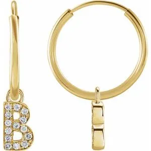14K Yellow .05 CTW Natural Diamond Single Initial B Hoop Earring